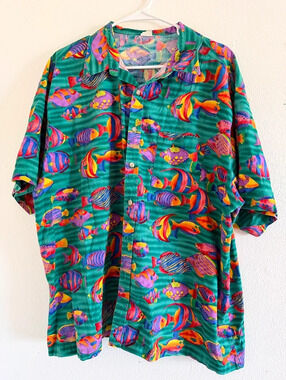 Vintage Angelica Tropical Fish Button Front Short Sleeve Shirt size XL sku1117